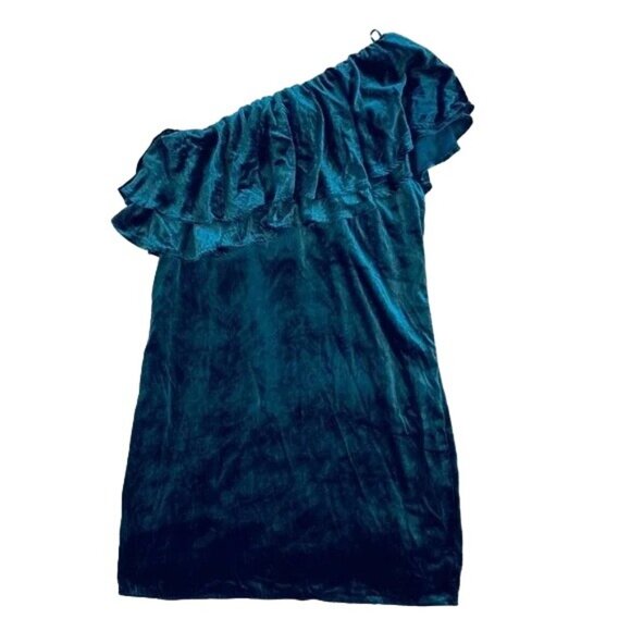 WAYF Dress SZ S Teal Green Velvet Ruffle Cocktail One‎ Shoulder Soft Short Fairy - Picture 3 of 9